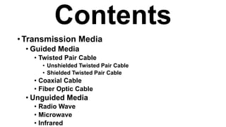 Contents
• Transmission Media
• Guided Media
• Twisted Pair Cable
• Unshielded Twisted Pair Cable
• Shielded Twisted Pair Cable
• Coaxial Cable
• Fiber Optic Cable
• Unguided Media
• Radio Wave
• Microwave
• Infrared
 