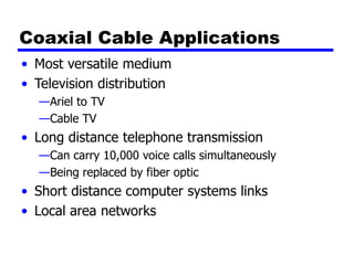 Coaxial Cable Applications
• Most versatile medium
• Television distribution
—Ariel to TV
—Cable TV
• Long distance telephone transmission
—Can carry 10,000 voice calls simultaneously
—Being replaced by fiber optic
• Short distance computer systems links
• Local area networks
 