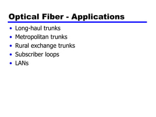 Optical Fiber - Applications
• Long-haul trunks
• Metropolitan trunks
• Rural exchange trunks
• Subscriber loops
• LANs
 