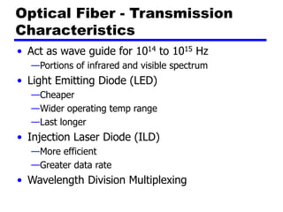 Optical Fiber - Transmission
Characteristics
• Act as wave guide for 1014 to 1015 Hz
—Portions of infrared and visible spectrum
• Light Emitting Diode (LED)
—Cheaper
—Wider operating temp range
—Last longer
• Injection Laser Diode (ILD)
—More efficient
—Greater data rate
• Wavelength Division Multiplexing
 