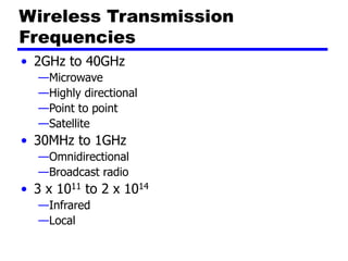Wireless Transmission
Frequencies
• 2GHz to 40GHz
—Microwave
—Highly directional
—Point to point
—Satellite
• 30MHz to 1GHz
—Omnidirectional
—Broadcast radio
• 3 x 1011 to 2 x 1014
—Infrared
—Local
 