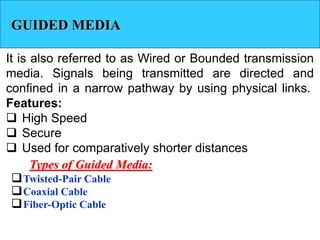 GUIDED MEDIA
It is also referred to as Wired or Bounded transmission
media. Signals being transmitted are directed and
confined in a narrow pathway by using physical links.
Features:
 High Speed
 Secure
 Used for comparatively shorter distances
Twisted-Pair Cable
Coaxial Cable
Fiber-Optic Cable
Types of Guided Media:
 