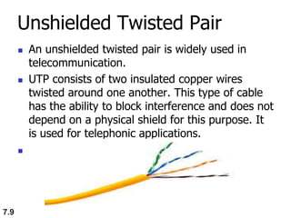 Unshielded Twisted Pair
7.9
 An unshielded twisted pair is widely used in
telecommunication.
 UTP consists of two insulated copper wires
twisted around one another. This type of cable
has the ability to block interference and does not
depend on a physical shield for this purpose. It
is used for telephonic applications.

 