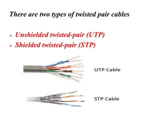 There are two types of twisted pair cables
➢ Unshielded twisted-pair (UTP)
➢ Shielded twisted-pair (STP)
 