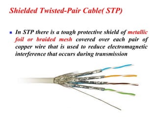 Shielded Twisted-Pair Cable( STP)
◼ In STP there is a tough protective shield of metallic
foil or braided mesh covered over each pair of
copper wire that is used to reduce electromagnetic
interference that occurs during transmission
 