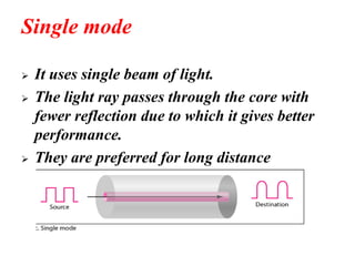 Single mode
➢ It uses single beam of light.
➢ The light ray passes through the core with
fewer reflection due to which it gives better
performance.
➢ They are preferred for long distance
 