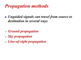 Propagation methods
◼ Unguided signals can travel from source to
destination in several ways
➢ Ground propagation
➢ Sky propagation
➢ Line-of-sight propagation
 