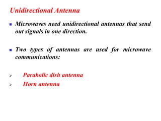 Unidirectional Antenna
◼ Microwaves need unidirectional antennas that send
out signals in one direction.
◼ Two types of antennas are used for microwave
communications:
➢ Parabolic dish antenna
➢ Horn antenna
 