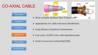 Categories
Advantages
Description
CO-AXIAL CABLE
Disadvantages
Connectors
Applications
 Most versatile medium then Twisted pair.
 Appropriate for cable television distribution.
 Long distance telephone transmission.
 Can carry 10,000 voice calls simultaneously.
 Used in Local area networks(LANS).
 