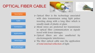 Cable
Advantages
Description
OPTICAL FIBER CABLE
Disadvantages
Connectors
Applications
 Optical fiber is the technology associated
with data transmission using light pulses
traveling along with a long fiber which is
usually made of plastic or glass.
 Metal wires are preferred for transmission
in optical fiber communication as signals
travel with fewer damages.
 Optical fibers are also unaffected by
electromagnetic interference.
 The fiber optical cable uses the application
of total internal reflection of light.
 