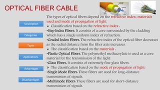 Categories
Advantages
Description
OPTICAL FIBER CABLE
Disadvantages
Types
Applications
The types of optical fibers depend on the refractive index, materials
used and mode of propagation of light.
 Classification based on the refractive index :
•Step Index Fibers: It consists of a core surrounded by the cladding
which has a single uniform index of refraction.
•Graded Index Fibers: The refractive index of the optical fiber decreases
as the radial distance from the fiber axis increases.
 The classification based on the materials :
•Plastic Optical Fibers: The polymethyl methacrylate is used as a core
material for the transmission of the light.
•Glass Fibers: It consists of extremely fine glass fibers.
 The classification based on the mode of propagation of light:
•Single Mode Fibers: These fibers are used for long-distance
transmission of signals.
•Multimode Fibers: These fibers are used for short-distance
transmission of signals.
 