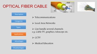 Categories
Advantages
Description
OPTICAL FIBER CABLE
Disadvantages
Types
Applications
 Telecommunications
 Local Area Networks
 Can handle several channels.
e.g. Cable TV, graphics, telescope etc.
 CCTV
 Medical Education
 