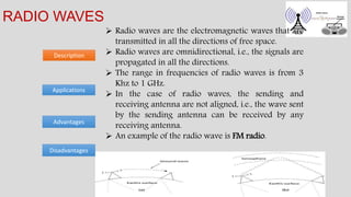 Description
RADIO WAVES
Advantages
Applications
 Radio waves are the electromagnetic waves that are
transmitted in all the directions of free space.
 Radio waves are omnidirectional, i.e., the signals are
propagated in all the directions.
 The range in frequencies of radio waves is from 3
Khz to 1 GHz.
 In the case of radio waves, the sending and
receiving antenna are not aligned, i.e., the wave sent
by the sending antenna can be received by any
receiving antenna.
 An example of the radio wave is FM radio.
Disadvantages
 