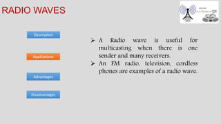 Description
RADIO WAVES
Advantages
Applications
Disadvantages
 A Radio wave is useful for
multicasting when there is one
sender and many receivers.
 An FM radio, television, cordless
phones are examples of a radio wave.
 