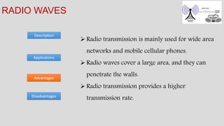 Description
RADIO WAVES
Advantages
Applications
Disadvantages
 Radio transmission is mainly used for wide area
networks and mobile cellular phones.
 Radio waves cover a large area, and they can
penetrate the walls.
 Radio transmission provides a higher
transmission rate.
 