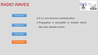 Description
RADIO WAVES
Advantages
Applications
Disadvantages
It is a very insecure communication.
Propagation is susceptible to weather effects
like rains, thunder storms.
 