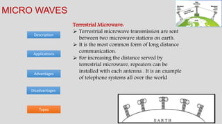 Description
MICRO WAVES
Advantages
Applications
Disadvantages
Types
Terrestrial Microwave:
 Terrestrial microwave transmission are sent
between two microwave stations on earth.
 It is the most common form of long distance
communication.
 For increasing the distance served by
terrestrial microwave, repeaters can be
installed with each antenna . It is an example
of telephone systems all over the world
 