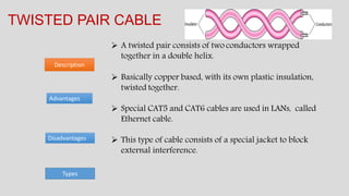 TWISTED PAIR CABLE
Advantages
Disadvantages
 A twisted pair consists of two conductors wrapped
together in a double helix.
 Basically copper based, with its own plastic insulation,
twisted together.
 Special CAT5 and CAT6 cables are used in LANs, called
Ethernet cable.
 This type of cable consists of a special jacket to block
external interference.
Description
Types
 