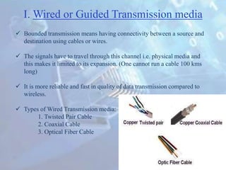  Bounded transmission means having connectivity between a source and
destination using cables or wires.
 The signals have to travel through this channel i.e. physical media and
this makes it limited to its expansion. (One cannot run a cable 100 kms
long)
 It is more reliable and fast in quality of data transmission compared to
wireless.
 Types of Wired Transmission media:
1. Twisted Pair Cable
2. Coaxial Cable
3. Optical Fiber Cable
I. Wired or Guided Transmission media
 