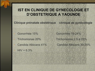 IST EN CLINIQUE DE GYNECOLOGIE ET
D’OBSTETRIQUE A YAOUNDE
Clinique prénatale obstétrique clinique de gynécologie
• Gonorrhée 15% Gonorrhée 16-24%
• Trichomonas 20% Trichomonas 2.5 à 25%
• Candida Albicans 41% Candida Albicans 30-35%
• HIV + 6.3%
 