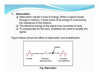 1. Attenuation
 Attenuation results in loss of energy. When a signal travels
through a medium, it loses some of its energy in overcoming
the resistance of the medium.
 The electrical energy in the signal may converted to heat.
 To compensate for this loss, amplifiers are used to amplify the
signal.
Figure below shows the effect of attenuation and amplification.
Fig. Attenuation
 