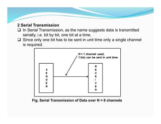 2 Serial Transmission
 In Serial Transmission, as the name suggests data is transmitted
serially, i.e. bit by bit, one bit at a time.
 Since only one bit has to be sent in unit time only a single channel
is required.
Fig. Serial Transmission of Data over N = 8 channels
 