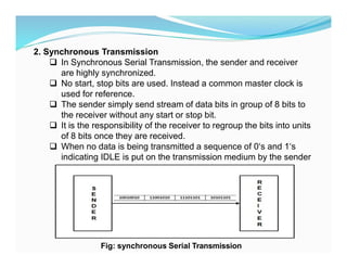 2. Synchronous Transmission
 In Synchronous Serial Transmission, the sender and receiver
are highly synchronized.
 No start, stop bits are used. Instead a common master clock is
used for reference.
 The sender simply send stream of data bits in group of 8 bits to
the receiver without any start or stop bit.
 It is the responsibility of the receiver to regroup the bits into units
of 8 bits once they are received.
 When no data is being transmitted a sequence of 0‘s and 1‘s
indicating IDLE is put on the transmission medium by the sender
Fig: synchronous Serial Transmission
 