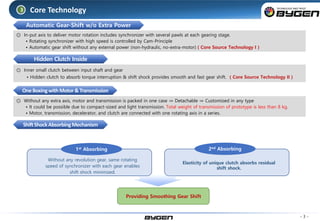 ◎ Inner small clutch between input shaft and gear
• Hidden clutch to absorb torque interruption & shift shock provides smooth and fast gear shift. ( Core Source Technology II )
◎ In-put axis to deliver motor rotation includes synchronizer with several pawls at each gearing stage.
• Rotating synchronizer with high speed is controlled by Cam-Principle
• Automatic gear shift without any external power (non-hydraulic, no-extra-motor) ( Core Source Technology I )
Core Technology3
◎ Without any extra axis, motor and transmission is packed in one case ⇒ Detachable ⇒ Customized in any type
• It could be possible due to compact-sized and light transmission. Total weight of transmission of prototype is less than 8 kg.
• Motor, transmission, decelerator, and clutch are connected with one rotating axis in a series.
- 3 -
Hidden Clutch Inside
OneBoxingwithMotor&Transmission
ShiftShockAbsorbingMechanism
Without any revolution gear, same rotating
speed of synchronizer with each gear enables
shift shock minimized.
1st Absorbing
Elasticity of unique clutch absorbs residual
shift shock.
2nd Absorbing
Providing Smoothing Gear Shift
Automatic Gear-Shift w/o Extra Power
 