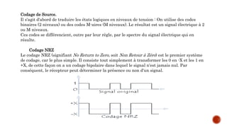 Codage de Source.
Il s'agit d'abord de traduire les états logiques en niveaux de tension : On utilise des codes
binaires (2 niveaux) ou des codes M-aires (M niveaux). Le résultat est un signal électrique à 2
ou M niveaux.
Ces codes se différencient, outre par leur règle, par le spectre du signal électrique qui en
résulte.
Codage NRZ
Le codage NRZ (signifiant No Return to Zero, soit Non Retour à Zéro) est le premier système
de codage, car le plus simple. Il consiste tout simplement à transformer les 0 en -X et les 1 en
+X, de cette façon on a un codage bipolaire dans lequel le signal n'est jamais nul. Par
conséquent, le récepteur peut déterminer la présence ou non d'un signal.
 