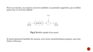 Pour ces raisons, un canal et souvent modélisé, en première approche, par un filtre
passe-bas et un bruit additif :
Fig.3 Modèle simple d’un canal.
Il existe plusieurs familles de canaux, avec leurs caractéristiques propres, qui sont
listés ci-dessous.
 