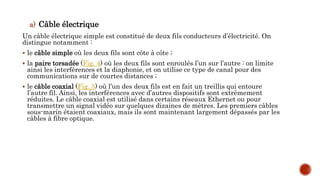 a) Câble électrique
Un câble électrique simple est constitué de deux fils conducteurs d’électricité. On
distingue notamment :
 le câble simple où les deux fils sont côte à côte ;
 la paire torsadée (Fig. 4) où les deux fils sont enroulés l’un sur l’autre : on limite
ainsi les interférences et la diaphonie, et on utilise ce type de canal pour des
communications sur de courtes distances ;
 le câble coaxial (Fig. 5) où l’un des deux fils est en fait un treillis qui entoure
l’autre fil. Ainsi, les interférences avec d’autres dispositifs sont extrêmement
réduites. Le câble coaxial est utilisé dans certains réseaux Ethernet ou pour
transmettre un signal vidéo sur quelques dizaines de mètres. Les premiers câbles
sous-marin étaient coaxiaux, mais ils sont maintenant largement dépassés par les
câbles à fibre optique.
 