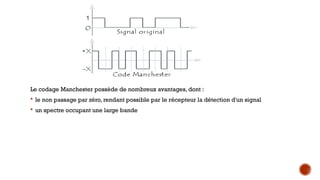 Le codage Manchester possède de nombreux avantages, dont :
 le non passage par zéro, rendant possible par le récepteur la détection d'un signal
 un spectre occupant une large bande
 