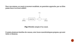Pour ces raisons, un canal et souvent modélisé, en première approche, par un filtre
passe-bas et un bruit additif :
Fig.3 Modèle simple d’un canal.
Il existe plusieurs familles de canaux, avec leurs caractéristiques propres, qui sont
listés ci-dessous.
 