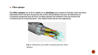 b) Fibre optique
Une fibre optique est un fil en verre ou en plastique qui conduit la lumière entre ses deux
extrémités avec très peu de pertes. De ce fait, elle présente très peu de distorsion et
n’introduit quasiment pas de bruit. La fibre optique est utilisée à tous les niveaux de
l’architecture de communication : des câbles sous-marins aux logements.
Fig. 6 : Illustration d’un câble contenant plusieurs fibres
optiques.
 