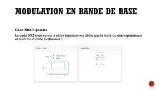 MODULATION EN BANDE DE BASE
Code NRZ bipolaire
Le code NRZ (non-retour à zéro) bipolaire est défini par la table de correspondance
et la forme d’onde ci-dessous :
 