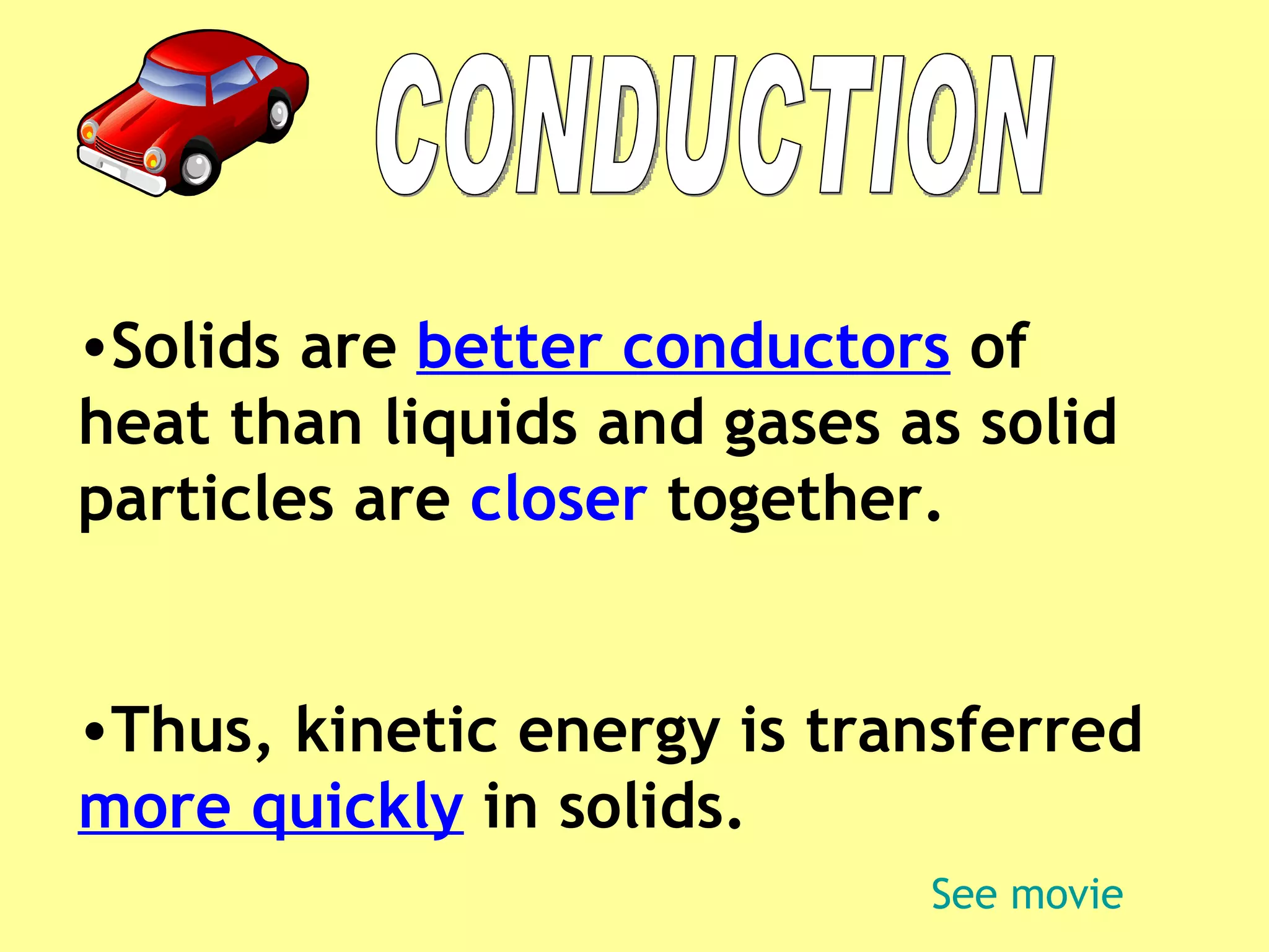 CONDUCTION Solids are  better conductors  of heat than liquids and gases as solid particles are  closer  together.  Thus, kinetic energy is transferred  more quickly  in solids. See movie 