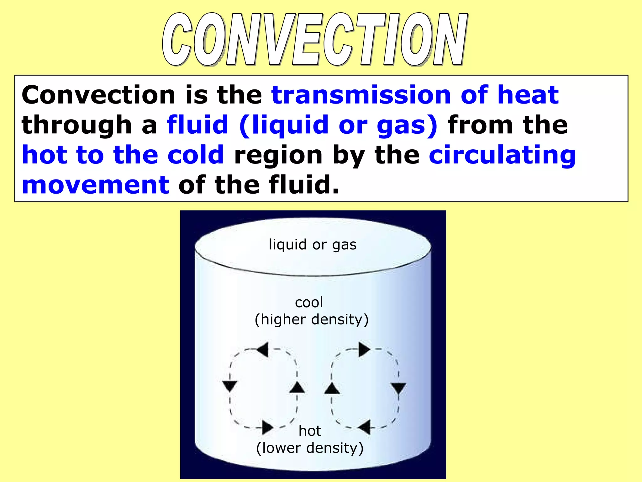Convection is the  transmission of heat  through a  fluid (liquid or gas)  from the  hot to the cold  region by the  circulating movement  of the fluid. CONVECTION cool  (higher density) hot (lower density) liquid or gas 