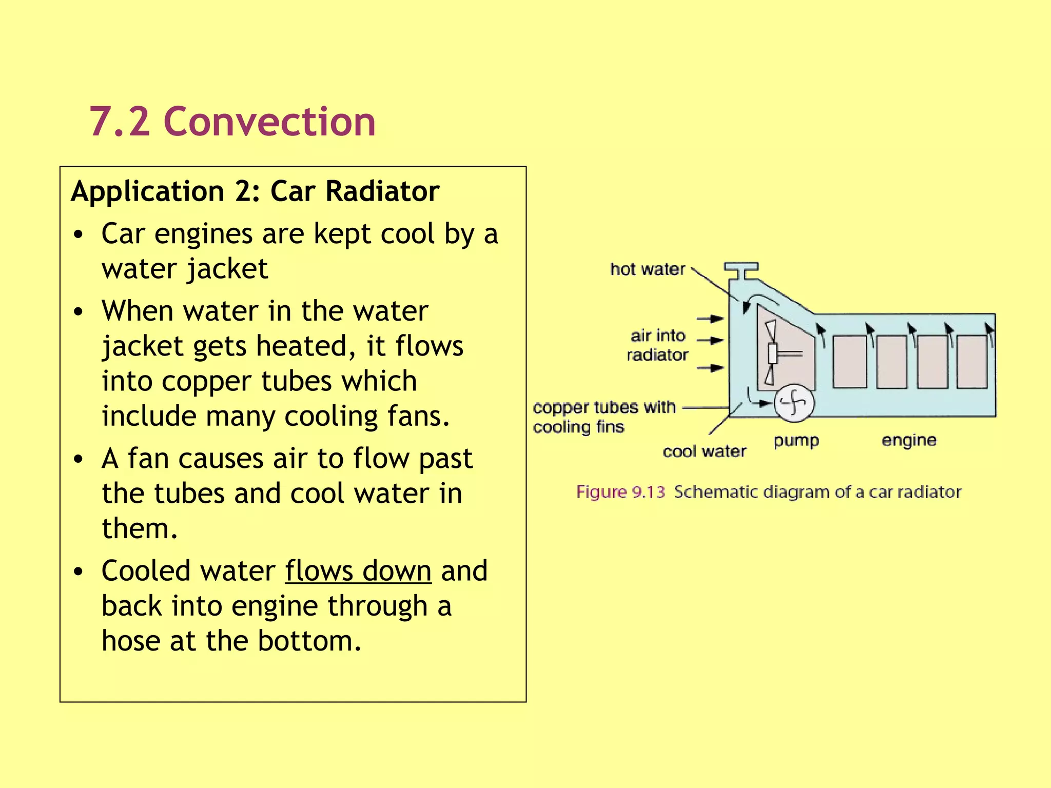 7.2 Convection Application 2: Car Radiator  Car engines are kept cool by a water jacket  When water in the water jacket gets heated, it flows into copper tubes which include many cooling fans. A fan causes air to flow past the tubes and cool water in them. Cooled water  flows down  and back into engine through a hose at the bottom. 