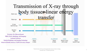 Transmission of X-ray through
body tissues linear energy
transfer
Presenter: Dr. Dheeraj Kumar
MRIT, Ph.D. (Radiology and Imaging)
Assistant Professor
Medical Radiology and Imaging Technology
School of Health Sciences, CSJM University, Kanpur
05 March 2024
Transmission of X-ray through body tissues linear energy
transfer By- Dr. Dheeraj Kumar
1
 