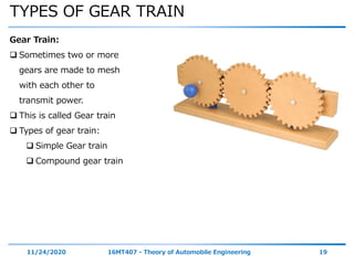 TYPES OF GEAR TRAIN
11/24/2020 16MT407 - Theory of Automobile Engineering 19
Gear Train:
 Sometimes two or more
gears are made to mesh
with each other to
transmit power.
 This is called Gear train
 Types of gear train:
 Simple Gear train
 Compound gear train
 