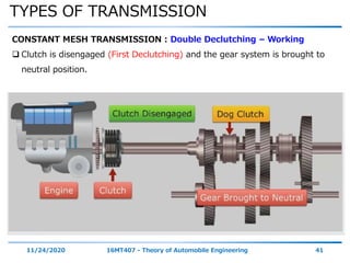 TYPES OF TRANSMISSION
11/24/2020 16MT407 - Theory of Automobile Engineering 41
CONSTANT MESH TRANSMISSION : Double Declutching – Working
 Clutch is disengaged (First Declutching) and the gear system is brought to
neutral position.
 