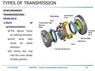 TYPES OF TRANSMISSION
11/24/2020 16MT407 - Theory of Automobile Engineering 46
SYNCHROMESH
TRANSMISSIONS :
PRINCIPLE
 Start of
synchronization:
 The sleeve move
on shifting direction
 And strut also
move on same
direction
 It forces the ring
into the cone shape
of Gear portion.
 