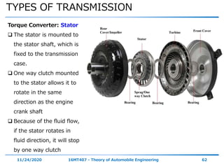 TYPES OF TRANSMISSION
11/24/2020 16MT407 - Theory of Automobile Engineering 62
Torque Converter: Stator
 The stator is mounted to
the stator shaft, which is
fixed to the transmission
case.
 One way clutch mounted
to the stator allows it to
rotate in the same
direction as the engine
crank shaft
 Because of the fluid flow,
if the stator rotates in
fluid direction, it will stop
by one way clutch
 