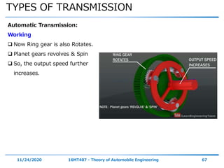 TYPES OF TRANSMISSION
11/24/2020 16MT407 - Theory of Automobile Engineering 67
Automatic Transmission:
Working
 Now Ring gear is also Rotates.
 Planet gears revolves & Spin
 So, the output speed further
increases.
 