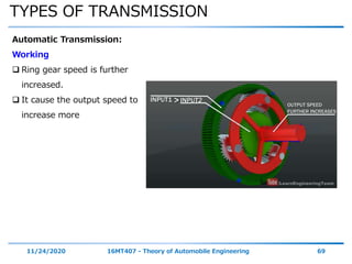 TYPES OF TRANSMISSION
11/24/2020 16MT407 - Theory of Automobile Engineering 69
Automatic Transmission:
Working
 Ring gear speed is further
increased.
 It cause the output speed to
increase more
 