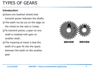 TYPES OF GEARS
11/24/2020 16MT407 - Theory of Automobile Engineering 7
Introduction:
 Gears are toothed wheels that
transmit power between the shafts.
 The teeth my be cut on the edge on
the wheel on the side or inside.
 To transmit power, a gear on one
shaft is meshed with gear on
another shaft.
 The meaning of mesh is that the
teeth of a gear fit into the space
between the teeth on the another
gear
 