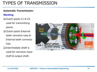 TYPES OF TRANSMISSION
11/24/2020 16MT407 - Theory of Automobile Engineering 71
Automatic Transmission:
Working
 Clutch packs C1 & C5
used for transmitting
power.
 Clutch packs External
teeth connects case &
Internal teeth connects
hub.
 Intermediate shaft is
used for connects input
shaft & output shaft.
 