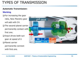 TYPES OF TRANSMISSION
11/24/2020 16MT407 - Theory of Automobile Engineering 73
Automatic Transmission:
Working
 For increasing the gear
ratio, New Planetry gear
will add with C4.
 The second planet carrier
permanently contact with
first one.
 Input drives both sun
gear at speed of it
 Planet carrier
permanently connect
with first one.
 