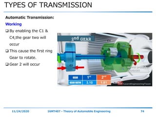 TYPES OF TRANSMISSION
11/24/2020 16MT407 - Theory of Automobile Engineering 74
Automatic Transmission:
Working
 By enabling the C1 &
C4,the gear two will
occur
 This cause the first ring
Gear to rotate.
 Gear 2 will occur
 