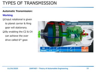 TYPES OF TRANSMISSION
11/24/2020 16MT407 - Theory of Automobile Engineering 77
Automatic Transmission:
Working
 Input rotational is given
to planet carrier & Ring
gear will stationary.
 By enabling the C2 & C4
can achieve the over
drive called 6th gear.
 